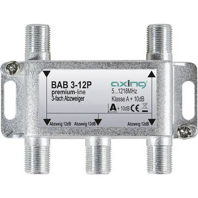 A metallic 3-way splitter by axing with four connections, Class A, frequency range 5-1218 MHz, tap-off attenuation 12 dB.