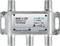 A metallic 3-way splitter by axing with four connections, Class A, frequency range 5-1218 MHz, tap-off attenuation 12 dB.