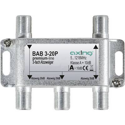 'BAB 3-20P Coaxial Splitter' by Axing for 5-1218MHz, 3 way. Class A, +10dB. Metal design, four ports.