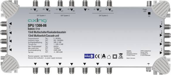 'SPU 1308-06', a 13/8 multiswitch for satellite reception. Suitable for satellite IF cascading, with 13 inputs and 8 outputs.