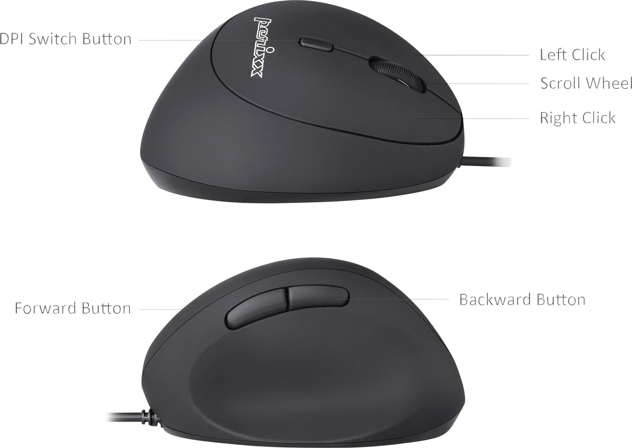 Ergonomic mouse, top and side view. Top: Left-click, scroll wheel, right-click, DPI switch. Side: Forward and back buttons.