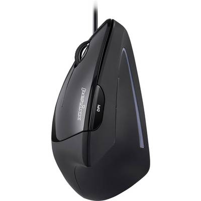 Ergonomic, vertical black mouse with cable and DPI button on the side, designed for healthy wrist positioning.