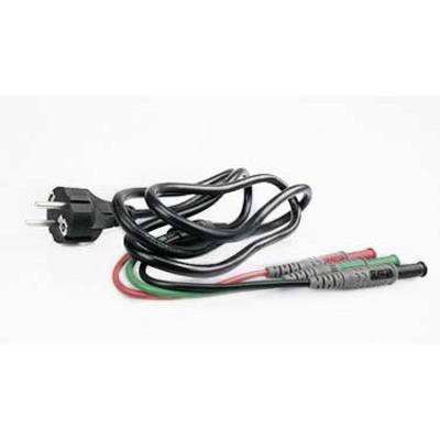 'Black network cable with power socket and two coloured test leads, red and green, on a white background.'