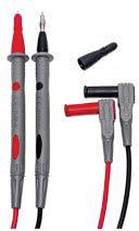 Two test leads for a multimeter, one red and one black, with interchangeable plugs and covers.