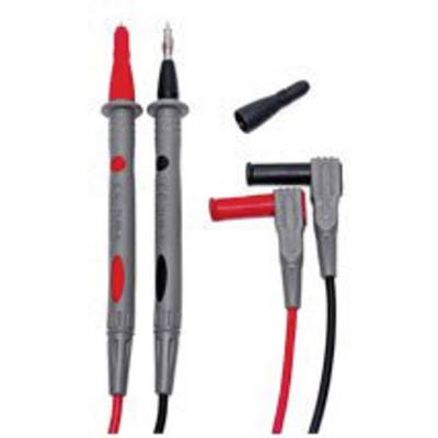 Two test leads for a multimeter, one red and one black, with interchangeable plugs and covers.