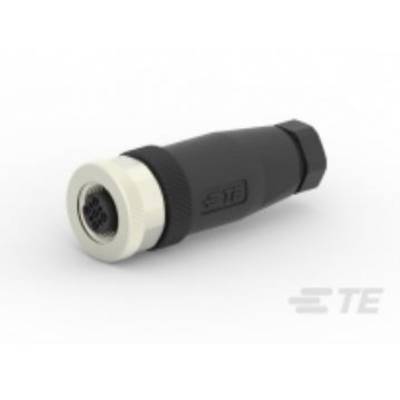A black, cylindrical plug with a white end and visible metal contacts, lying on a surface. 'TE' marking visible.