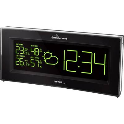 'Digital thermometer and hygrometer with clock display. Indoor temperature 23.5°C, humidity 48%. Outdoor temperature 26.1°C, humidity 57%. Time 12:34.'