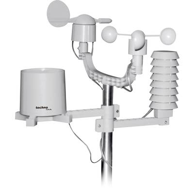 A weather station with an anemometer, rain gauge, and temperature sensor. It measures wind speed, precipitation, and temperature.