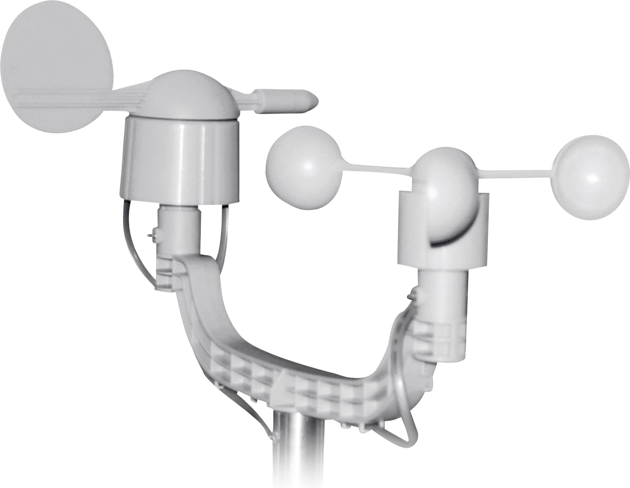 An anemometer with three cups and a wind vane for measuring wind speed and direction.