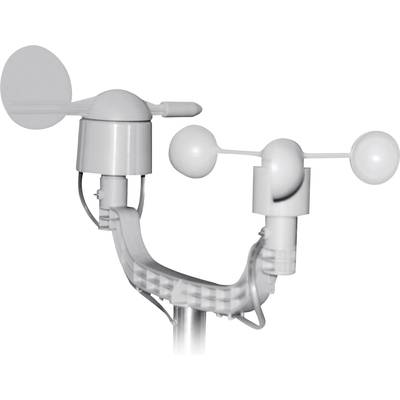 An anemometer with three cups and a wind vane for measuring wind speed and direction.