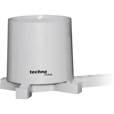 Rain gauge from Techno Line in a white housing, positioned on a tiered stand.