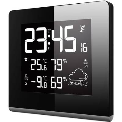 Digital weather station shows time as 23:45, indoor temperature 25.6°C with 79% humidity and outdoor temperature -9.8°C with 69% humidity. Cloud and snow symbols indicate weather conditions.
