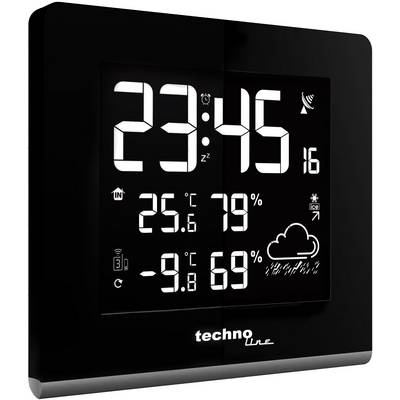 Digital weather station with large time display '23:45', indoor and outdoor temperature '25.6°C' and '-9.8°C', weather forecast with cloud symbol.