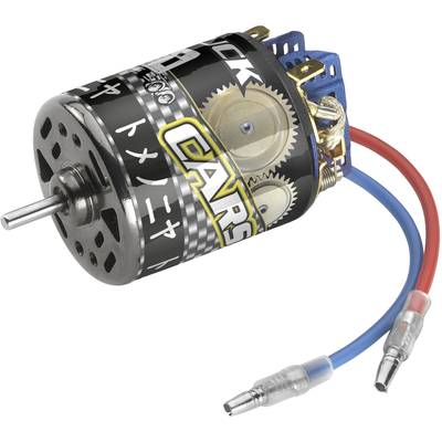 Electric motor with the label 'Gears'. Blue and red cables are connected. The motor displays gears on its surface.