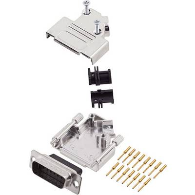 Connector kit comprising a metal housing, black plastic cover, and gold-plated contact pins, for electronic connections.