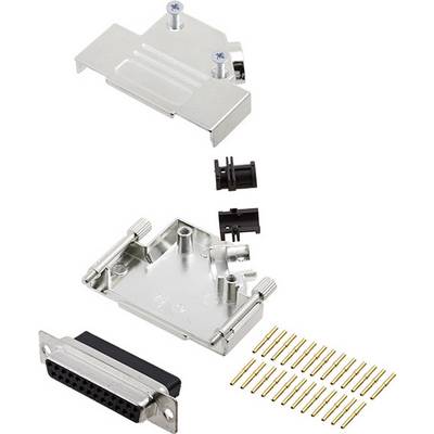 Exploded view of a D-Sub connector kit with housing, inserts and gold-plated contacts, separately displayed and ready for assembly.