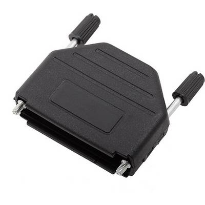 Black, rectangular plastic cable tie with two screws and ribbed handles at both ends, for wire connections.