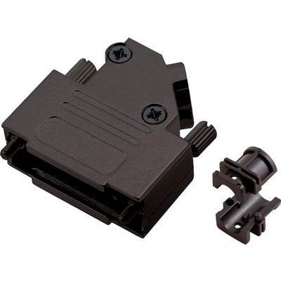 Black adapter plug with two screws, with a removable mounting bracket on the left. Suitable for connecting electronic devices.