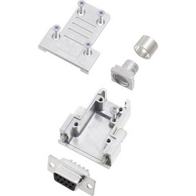 Connector cover in individual parts: housing, screws, clamps. D-Sub connector as the main component, with other metal components above.