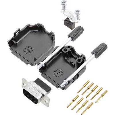 DB9 socket housing kit with open housing, two screws, a mounting plate, a connector and several metal pins for wiring.