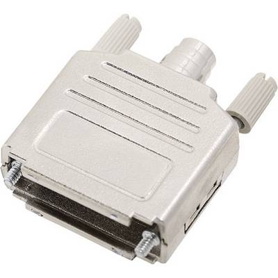 Metal housing connector with two screws and cable connection, typically used for serial or parallel interfaces.