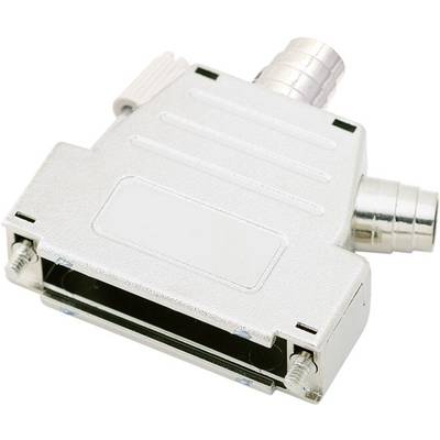 A silver-coloured D-sub plug, with a cable gland on top. Suitable for electronic connections, commonly used in computer networks.