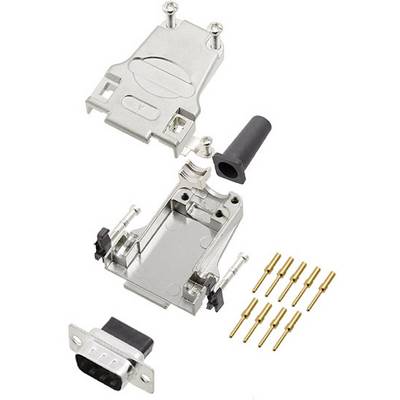 Disassembled D-Sub connector kit with metal housing and pins. Suitable for use in computer networks and electronic devices.