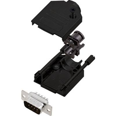 Exploded view of a connector with removable housing components and contact pins, shown in black and silver.