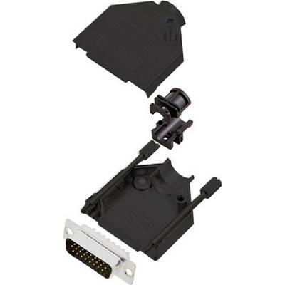 Exploded view of a 25-pin D-sub connector with black plastic cover and mounting elements.