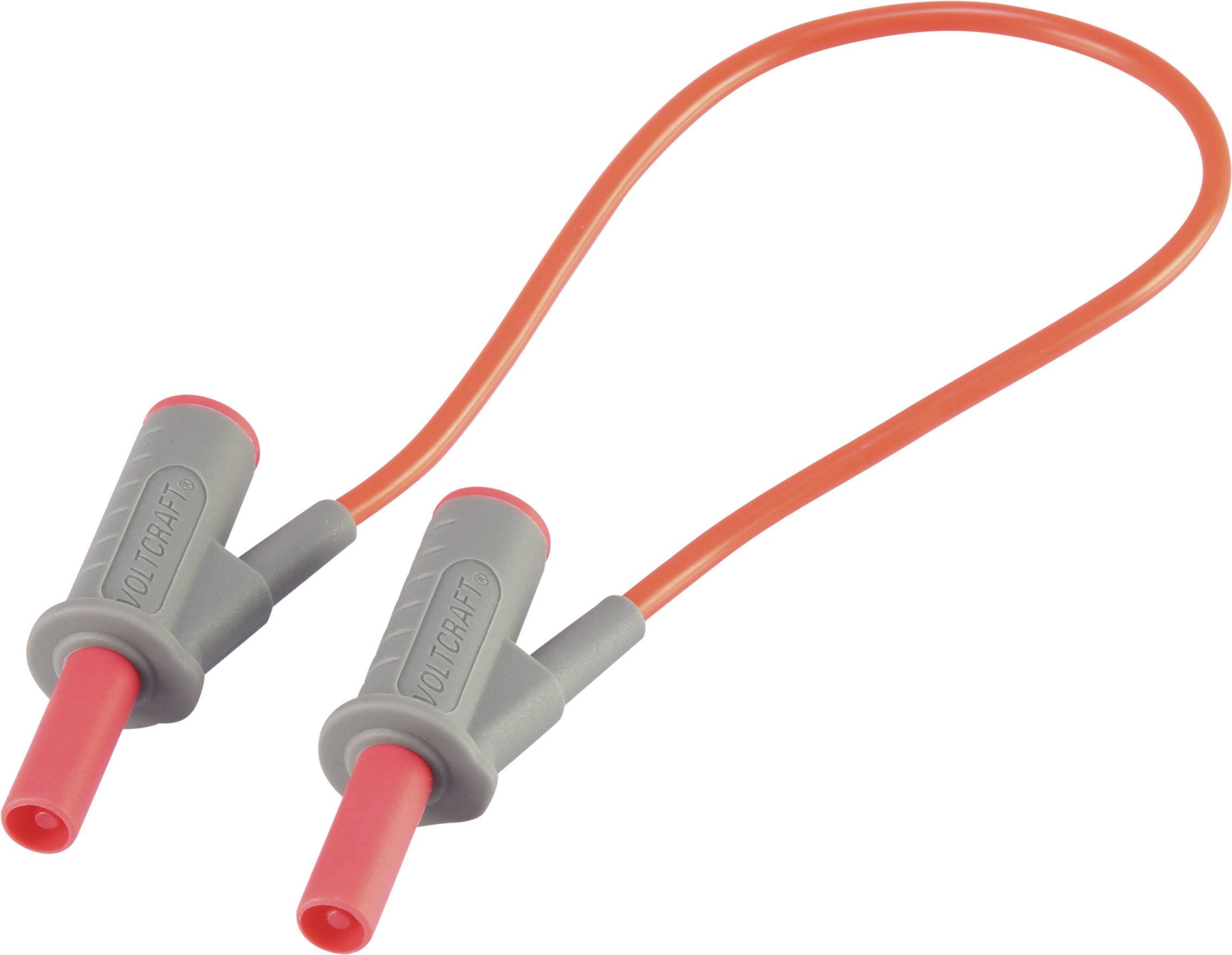 A red, flexible test cable with two grey insulated plugs at the ends. Suitable for electrical measurements and testing.