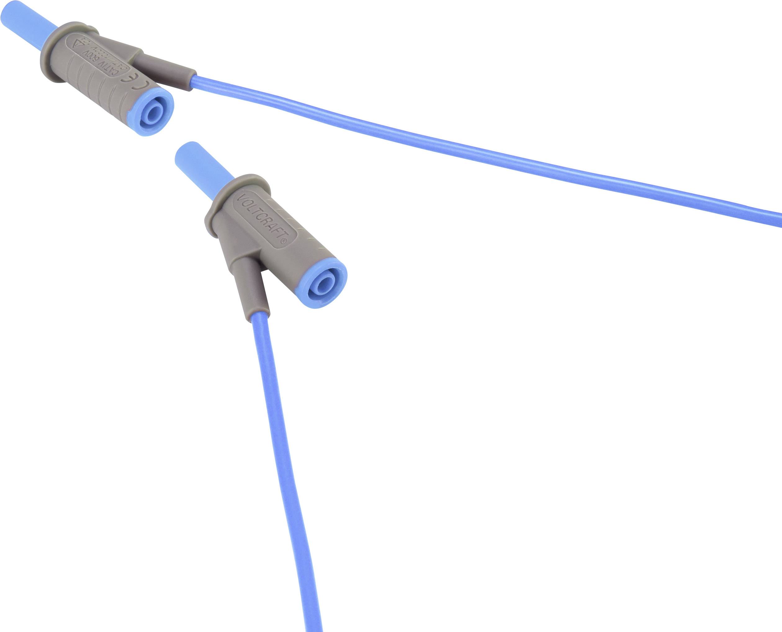 Two blue cables with grey plugs pointing in opposite directions, against a white background.