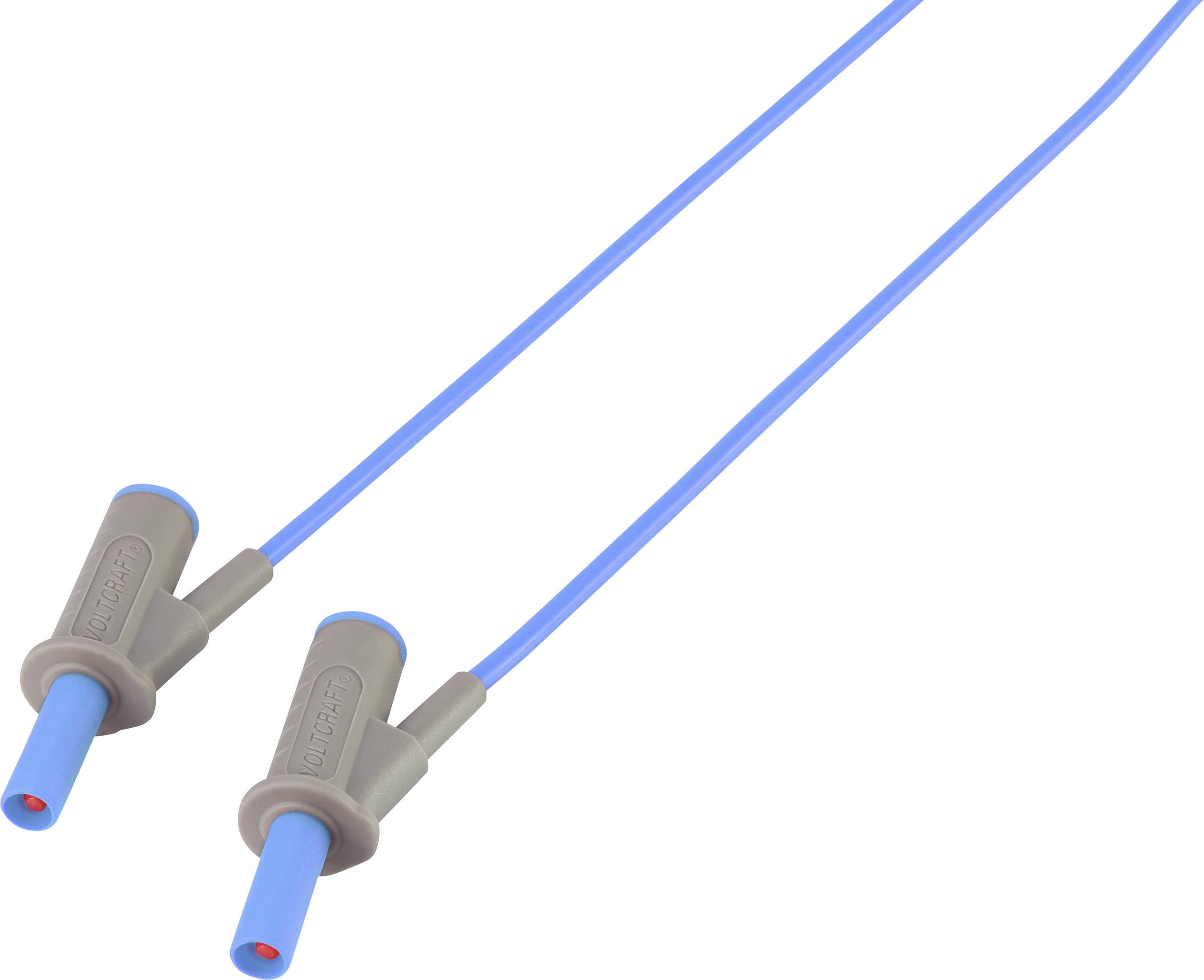Two blue cables with grey, non-slip grips and blue connectors, used for electronic connections or testing.