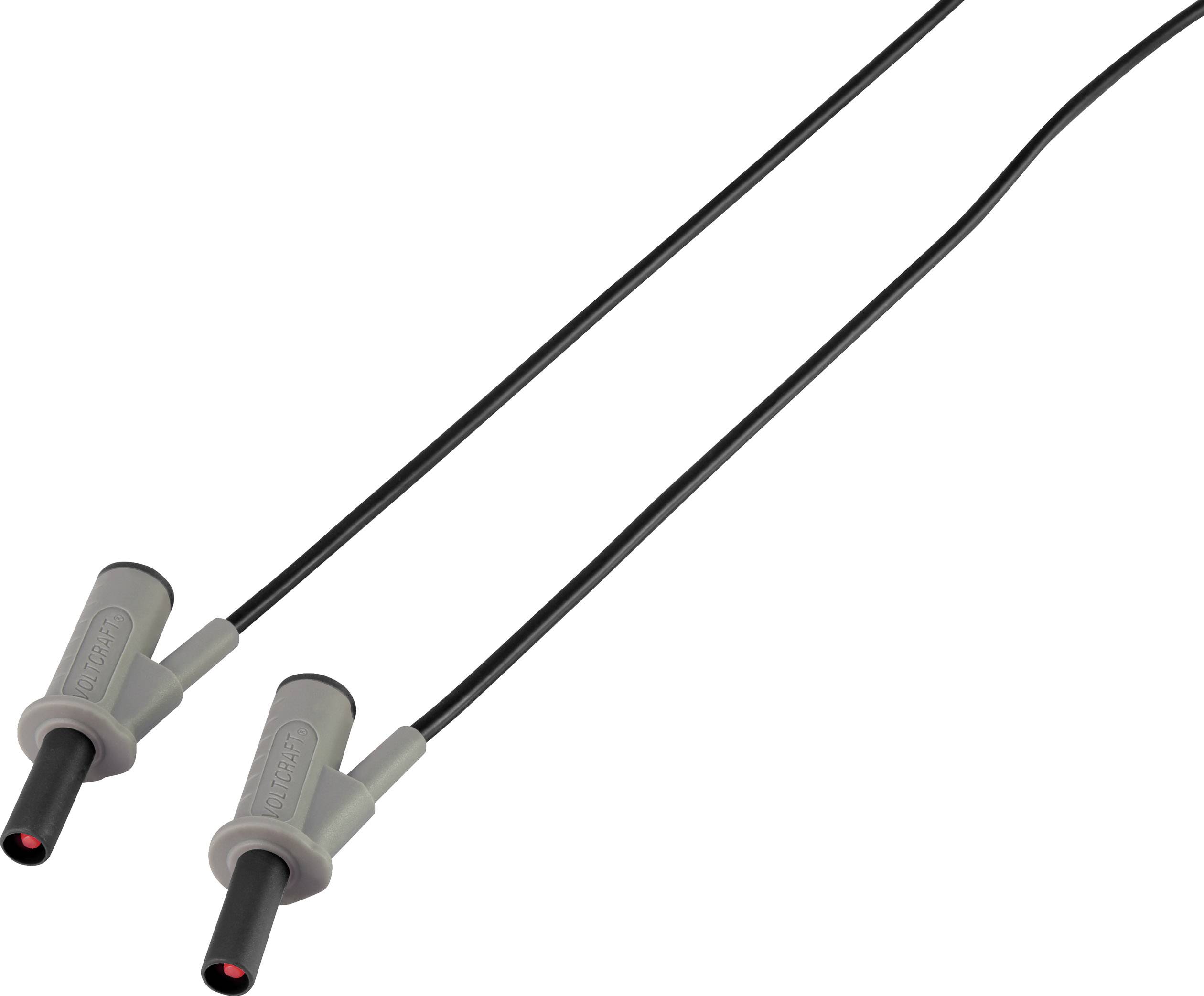 Two grey measuring leads with black ends, each with a plug at one end. Suitable for electrical measurements.