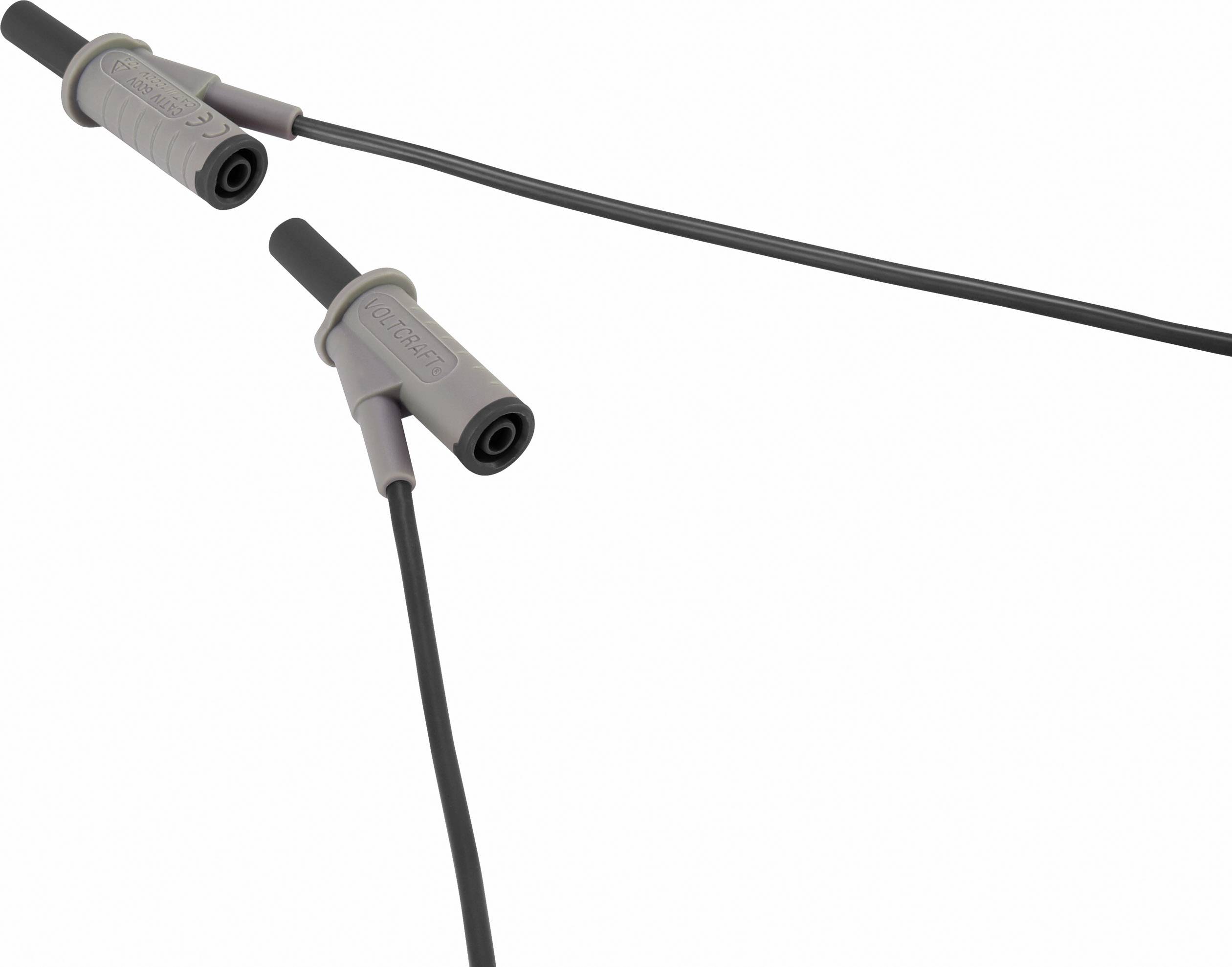 Two grey cables with connector plugs on a white background, likely for electronic devices or test equipment.