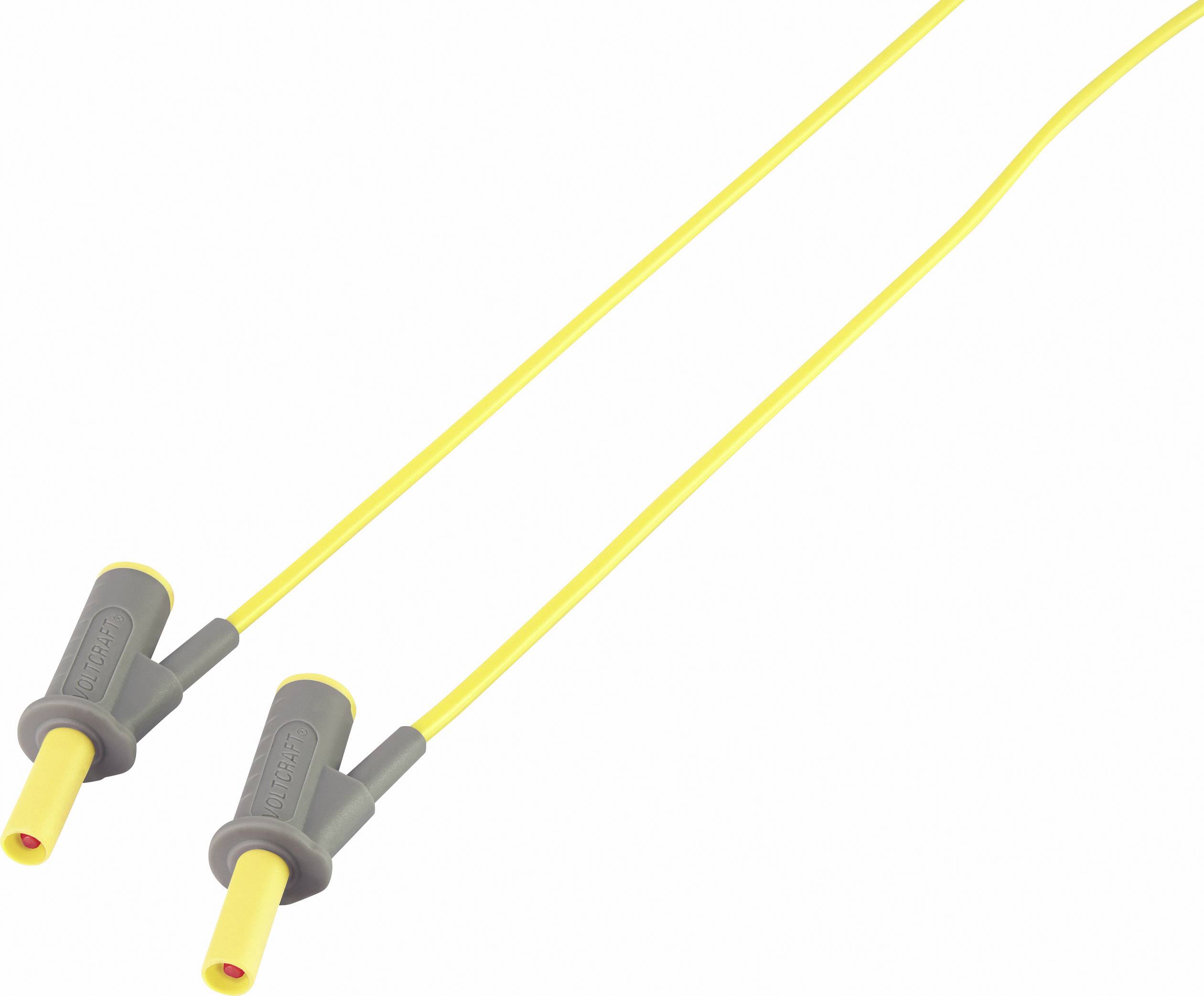Yellow measuring cable pair with grey connectors, commonly used for electrical measurements or tests in technical applications.