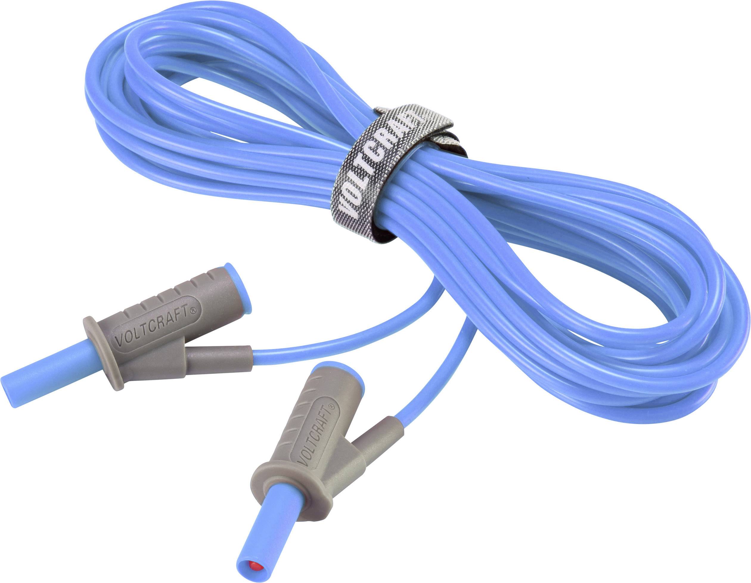 'Blue VOLTCRAFT test leads with two probes and insulation, coiled with hook and loop fastener.'