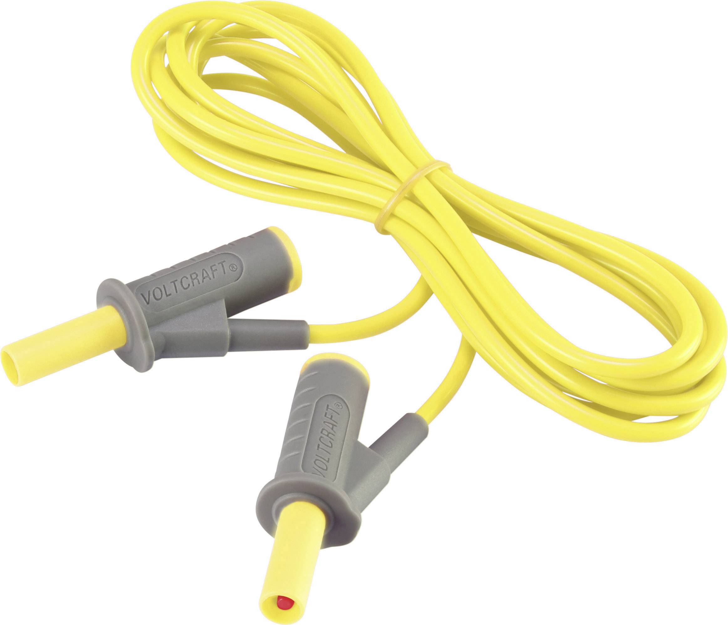 Yellow measuring cable with two plugs, suitable for electrical measurements. Plugs marked with 'Voltcraft' branding.