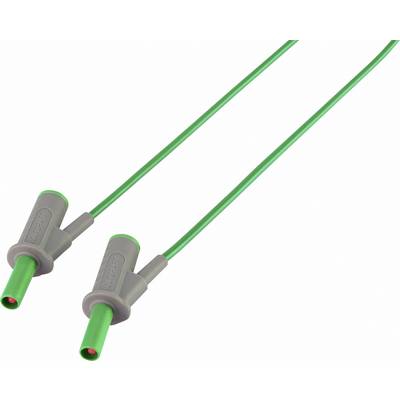 Two green banana plug cables running parallel. Connectors are grey with ribbed handles for easy handling.