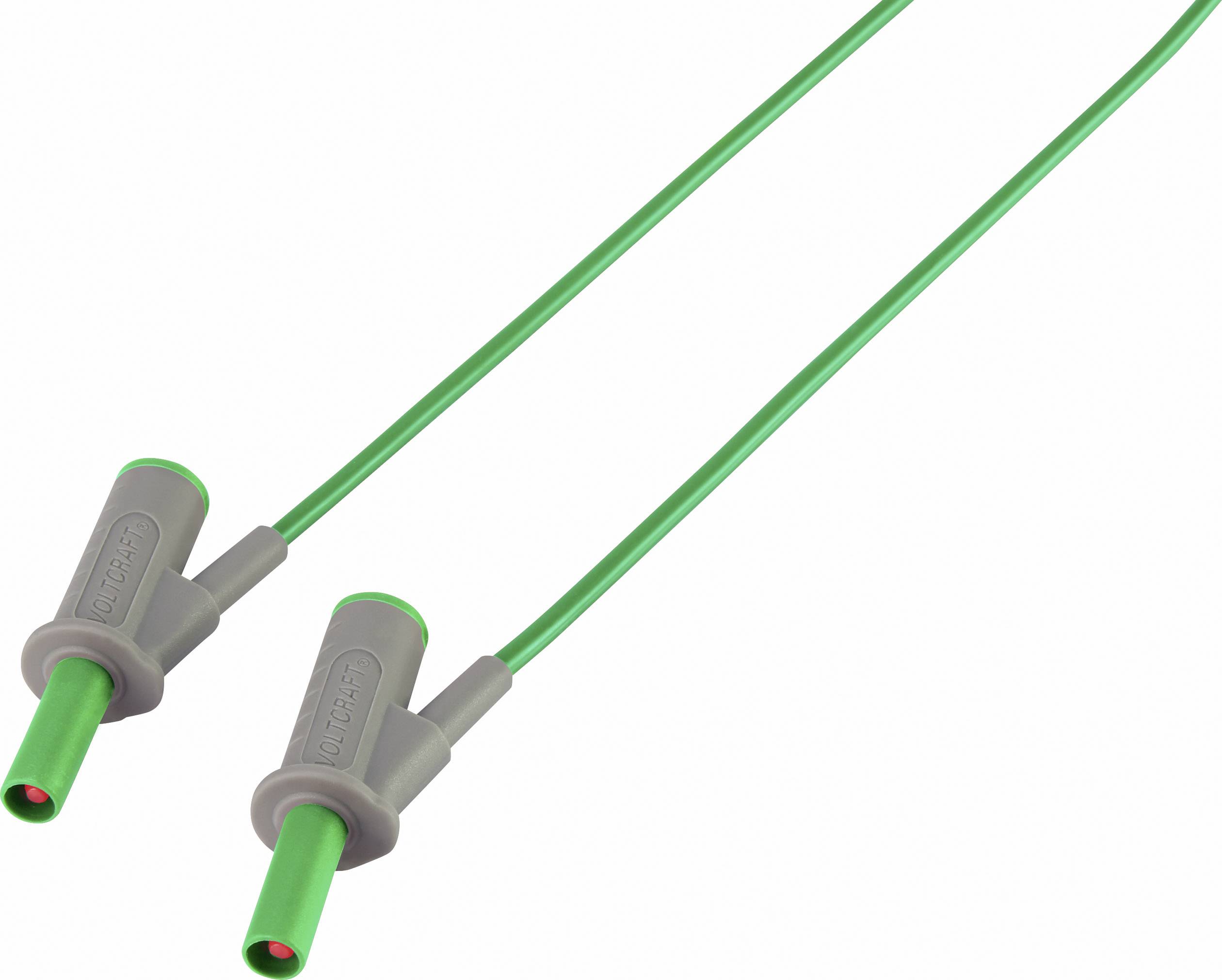 Two green measuring leads with grey connectors for electrical tests. They each have an insulated plug.