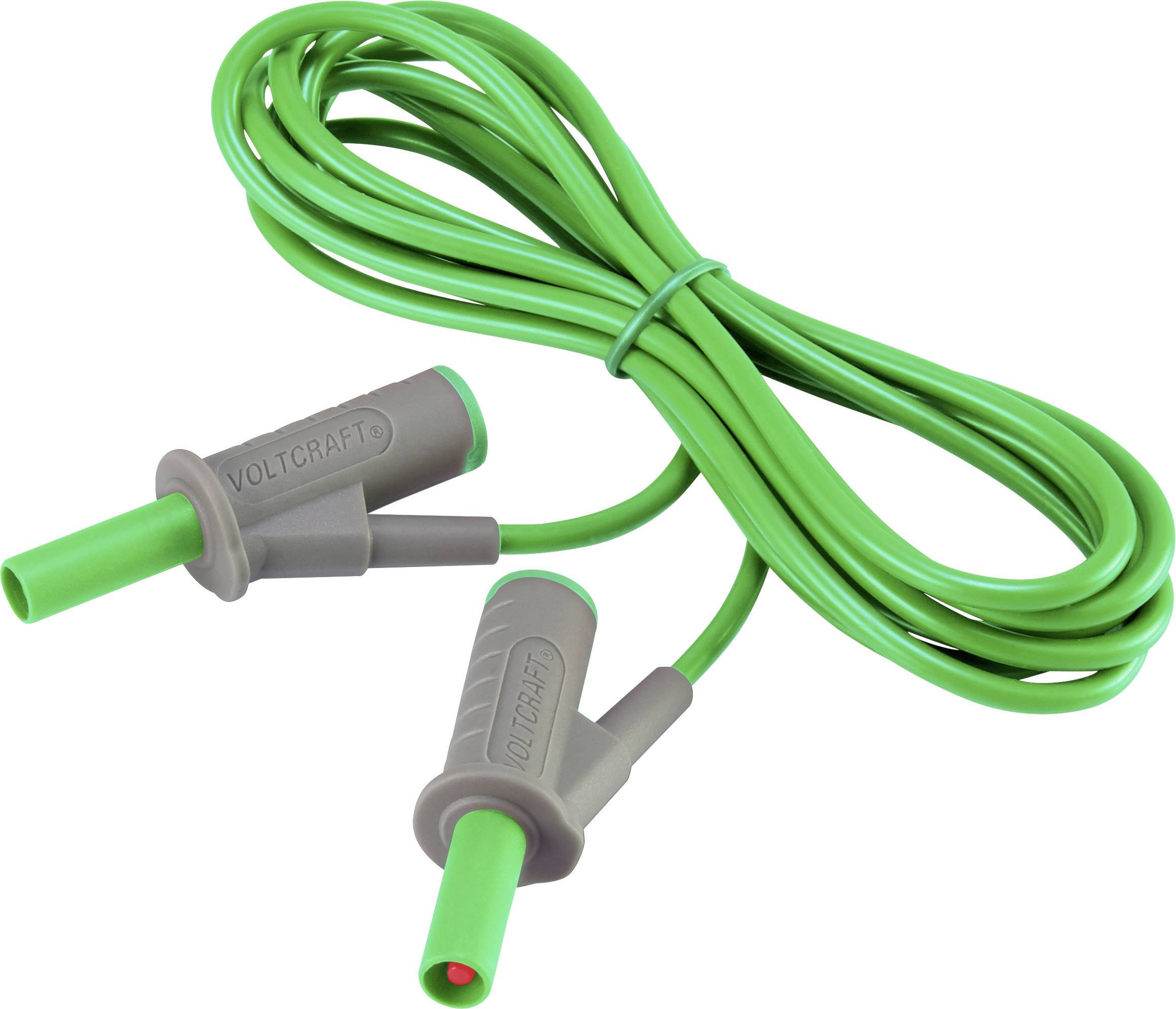 Green measuring cable with two identical connectors at the ends, suitable for electrical measurements.