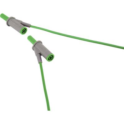 Two green electrical cables with grey connectors lie diagonally in the image. They are suitable for electronic devices.