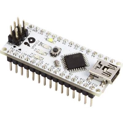 A small microcontroller with numerous soldered pins, a USB port, and a black main chip in the centre.