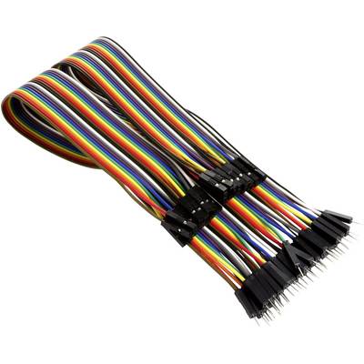 Jumper cables in various colours, bundled, with connectors at the ends. Suitable for electronic projects and prototype development.