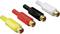 Four RCA plugs in Yellow, Red, Black and White on a white background, used for audio and video connections.