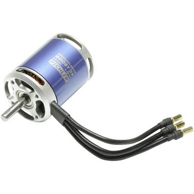 Blue electric motor with silver casing and three black cables, suitable for model building and RC vehicles.