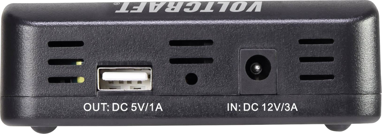 A device with a USB port (OUT: DC 5V/1A) and power connection (IN: DC 12V/3A). 'VOLTCRAFT' is printed on the top of the device.