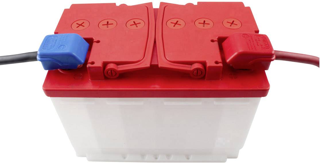 A car battery with red and blue terminals. The red cover has two plus symbols, the blue one a negative pole.