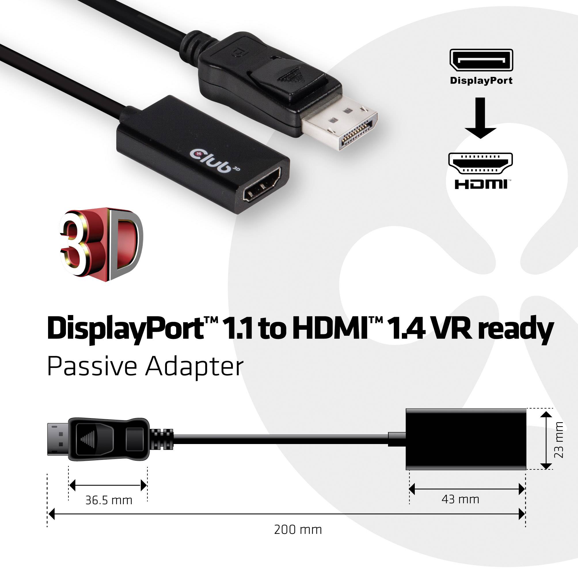 club3D CAC-1056 DisplayPort Adapter [1x DisplayPort plug - 1x HDMI socket] Black 4K UHD-3