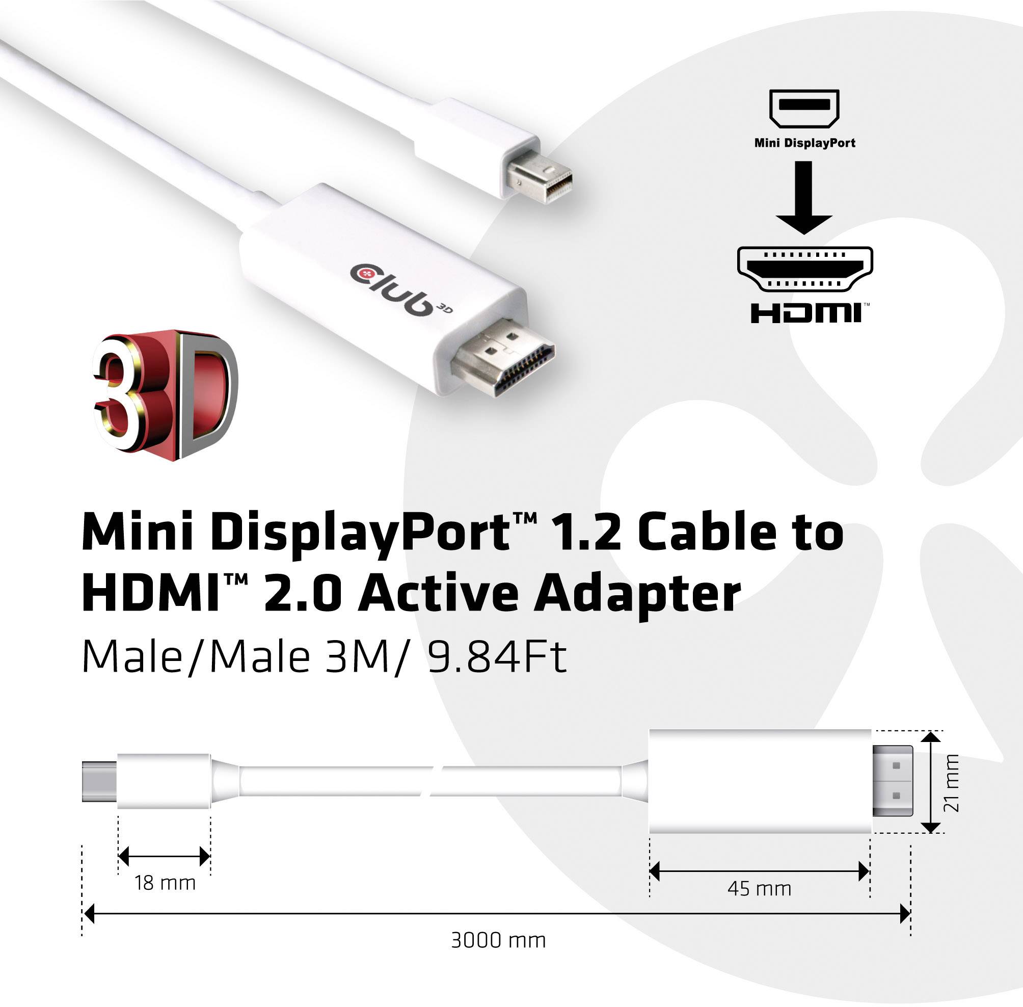 club3D Mini DisplayPort / HDMI Adapter cable Mini DisplayPort plug, HDMI-A plug 3.00 m White CAC-1173 DisplayPort cable-4