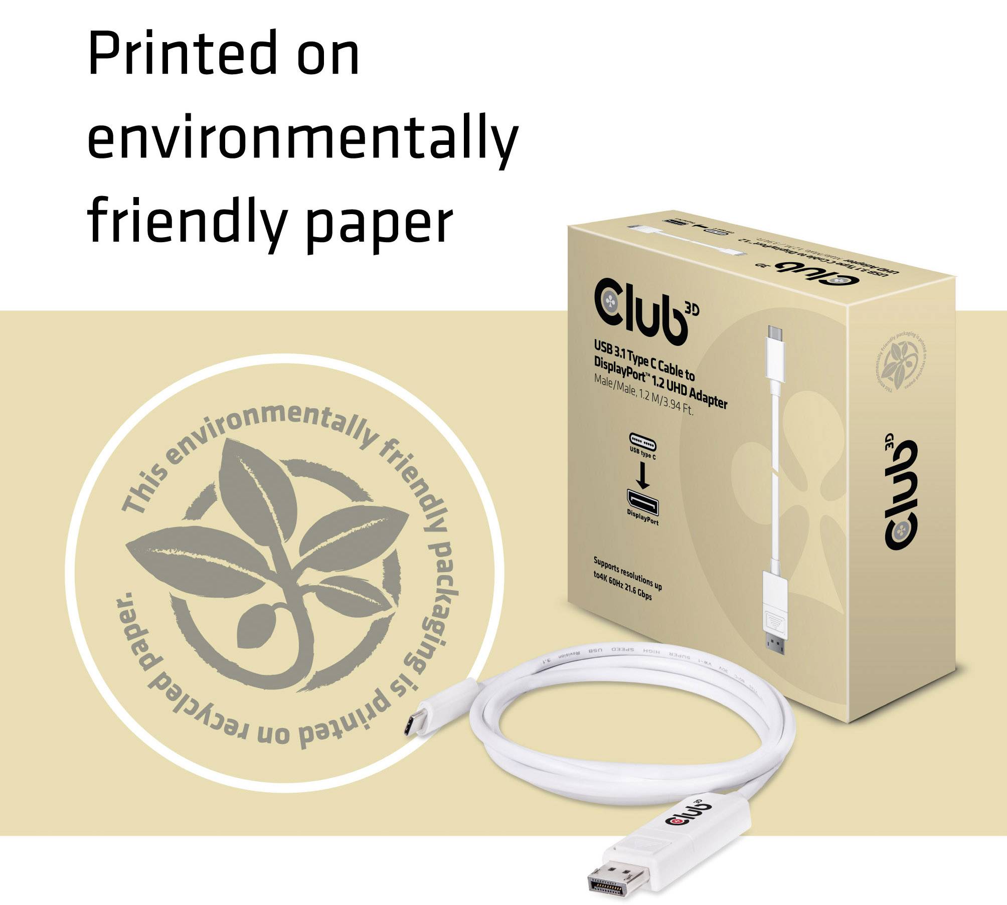 Cardboard packaging with USB-A to USB-C adapter cable. Text on packaging: 'Printed on environmentally friendly paper' and environmental seal.